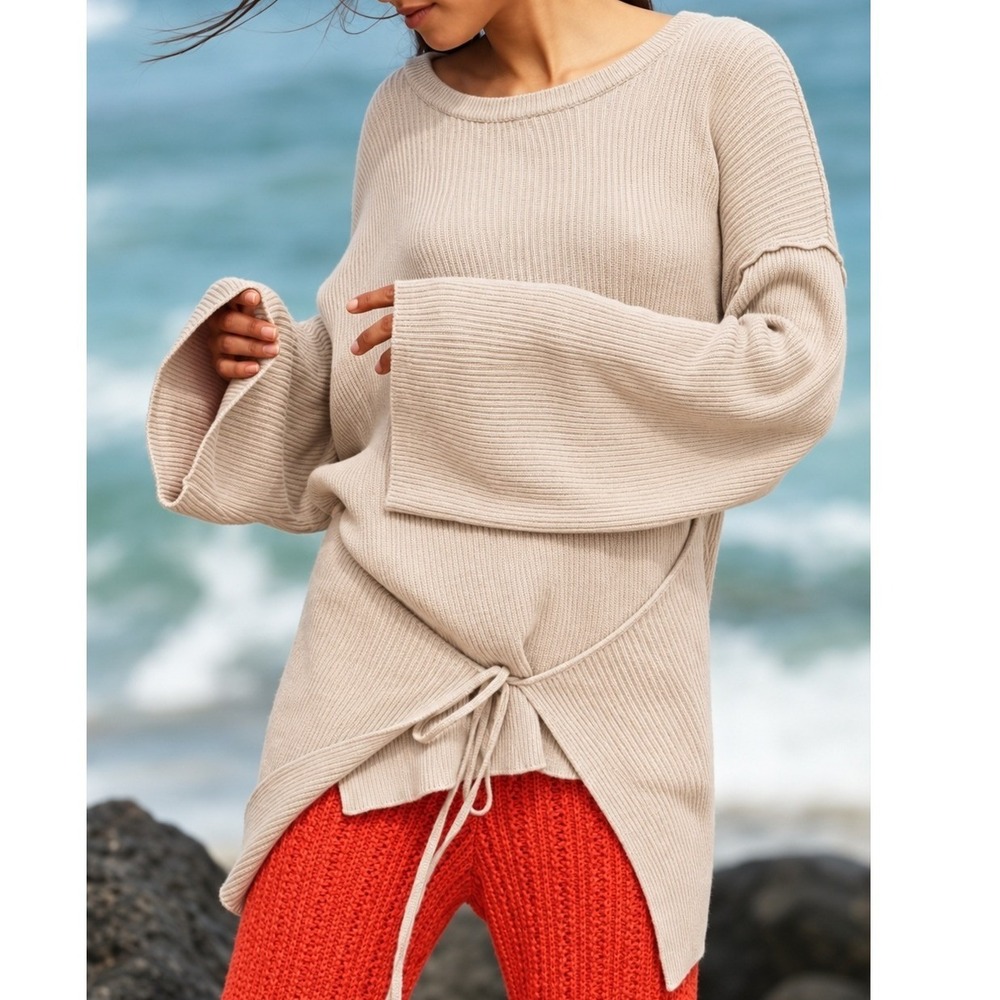 Free People Beach Brig Tie-Front Pullover Tunic Rib Knit Sweater Cream XS